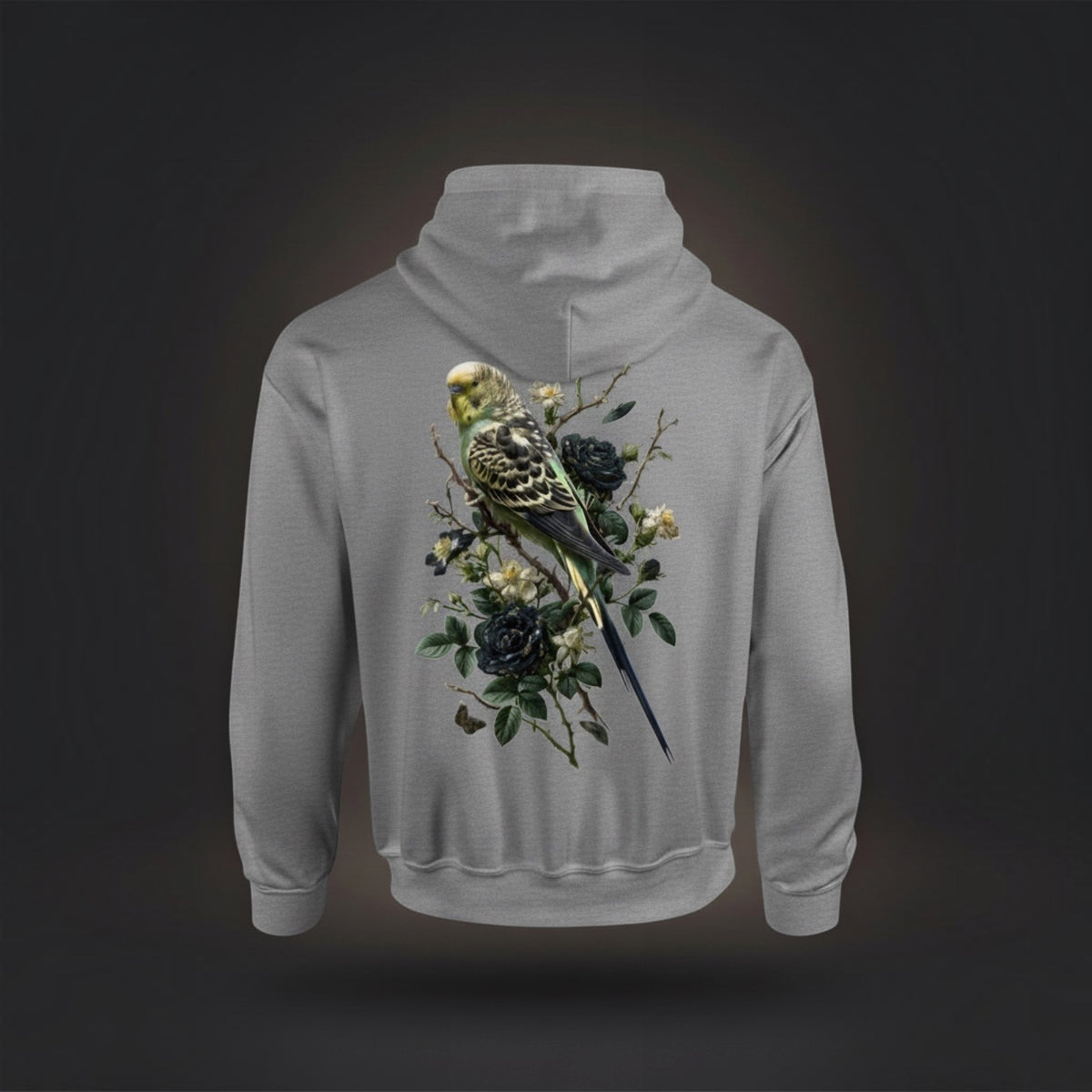 Dark Botanical Budgie Hoodie – Premium Back Print
