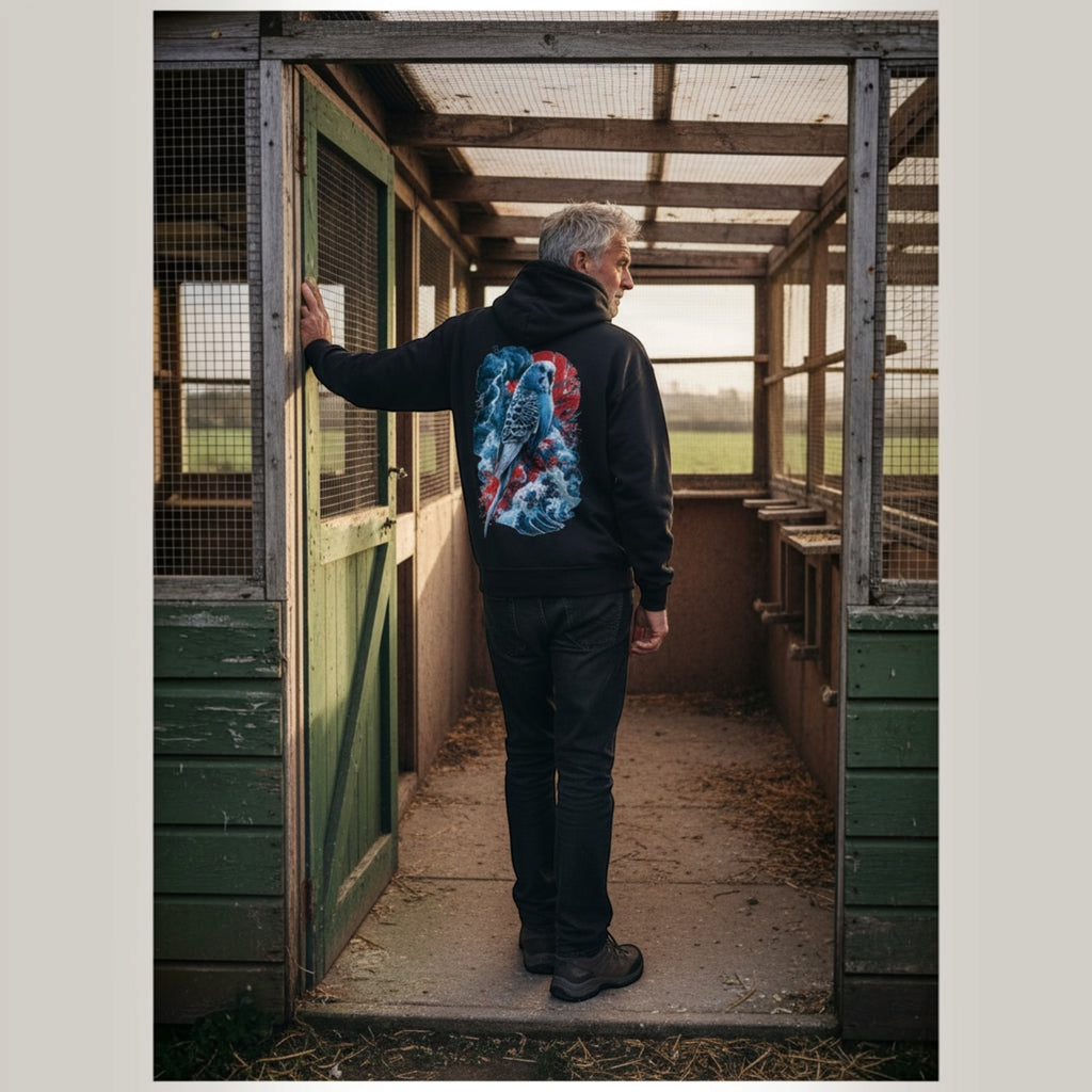Storm Wave Budgie Hoodie – Japanese-Inspired Back Print