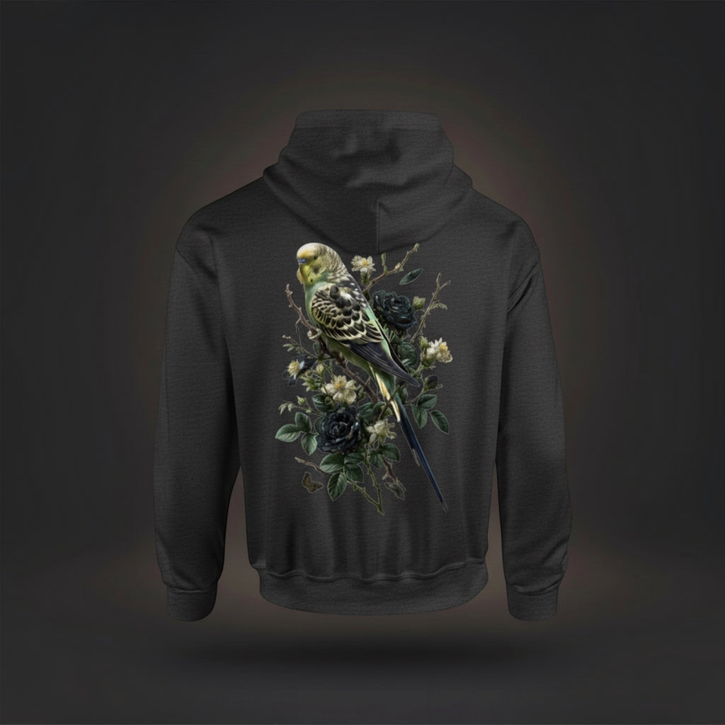 Dark Botanical Budgie Hoodie – Premium Back Print
