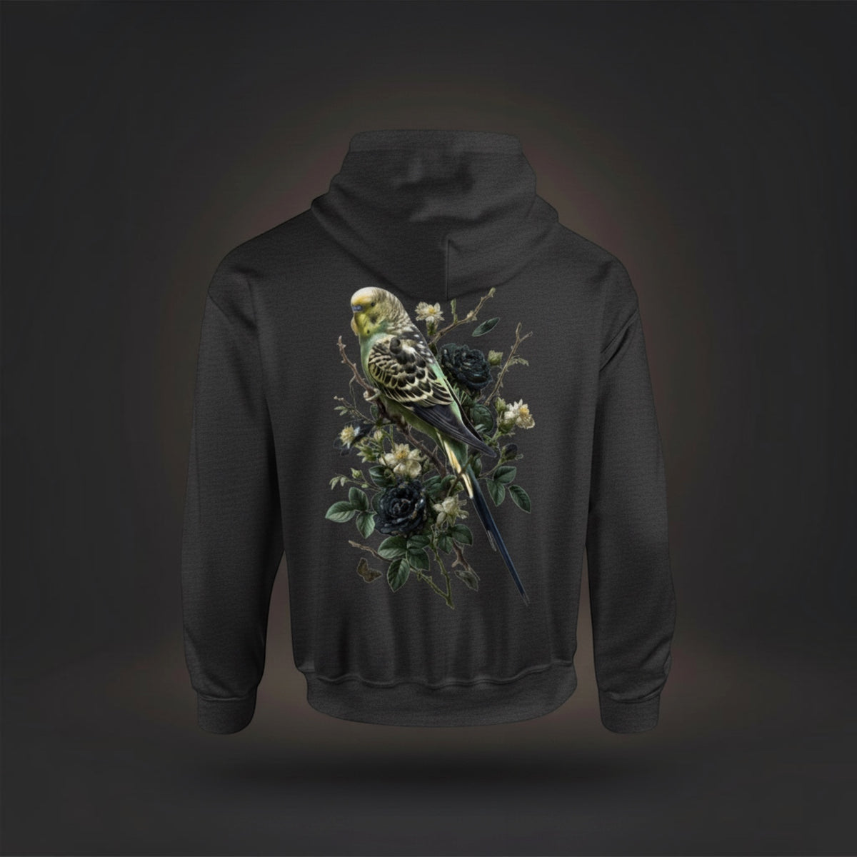 Dark Botanical Budgie Hoodie – Premium Back Print