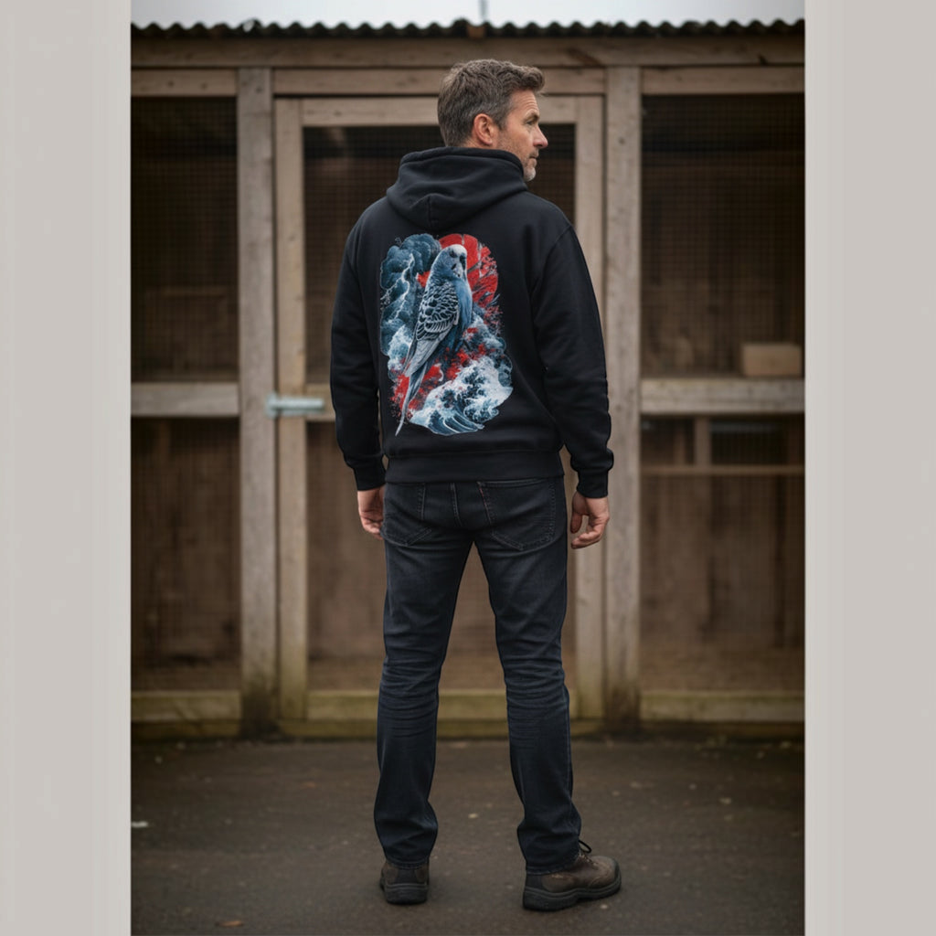 Storm Wave Budgie Hoodie – Japanese-Inspired Back Print
