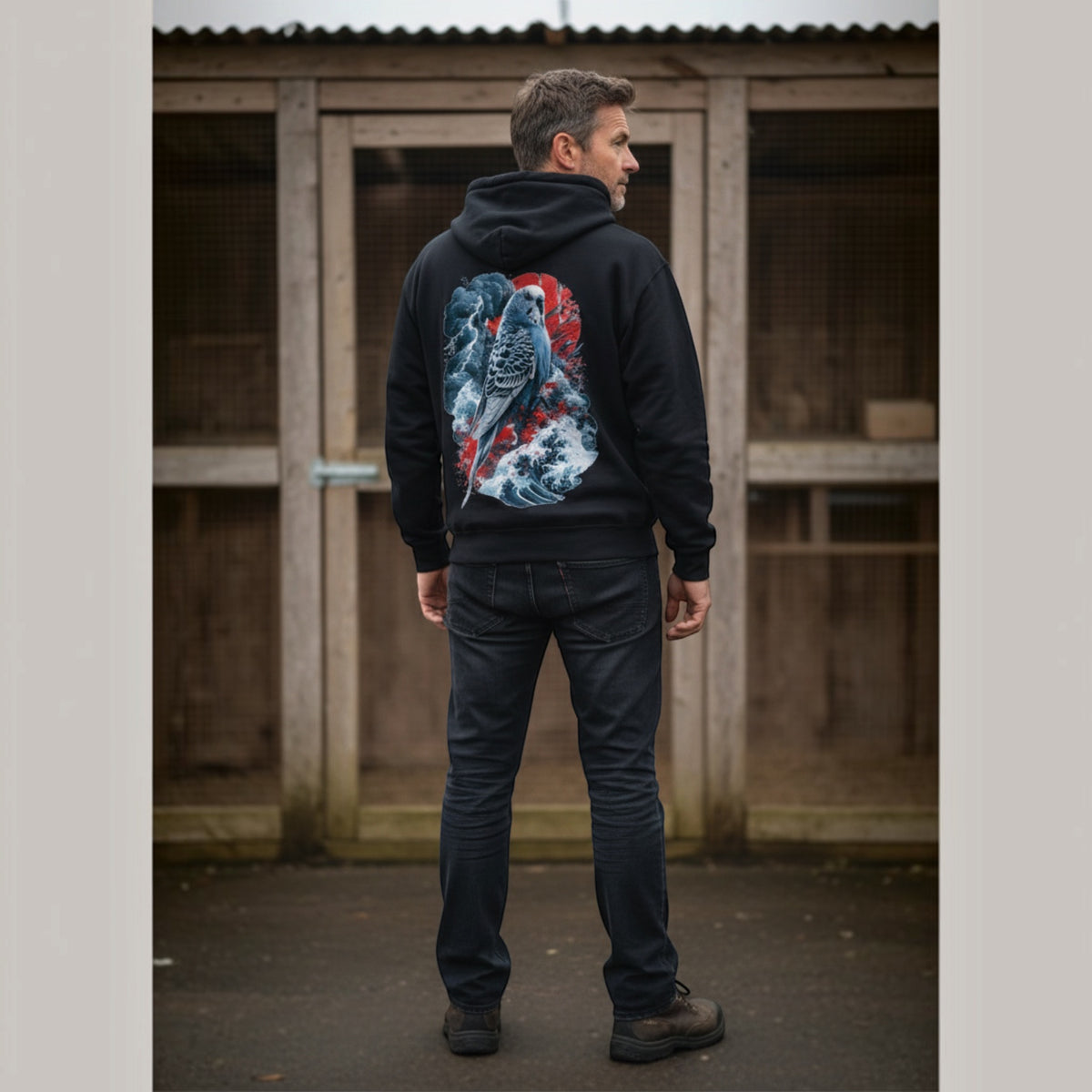 Storm Wave Budgie Hoodie – Japanese-Inspired Back Print