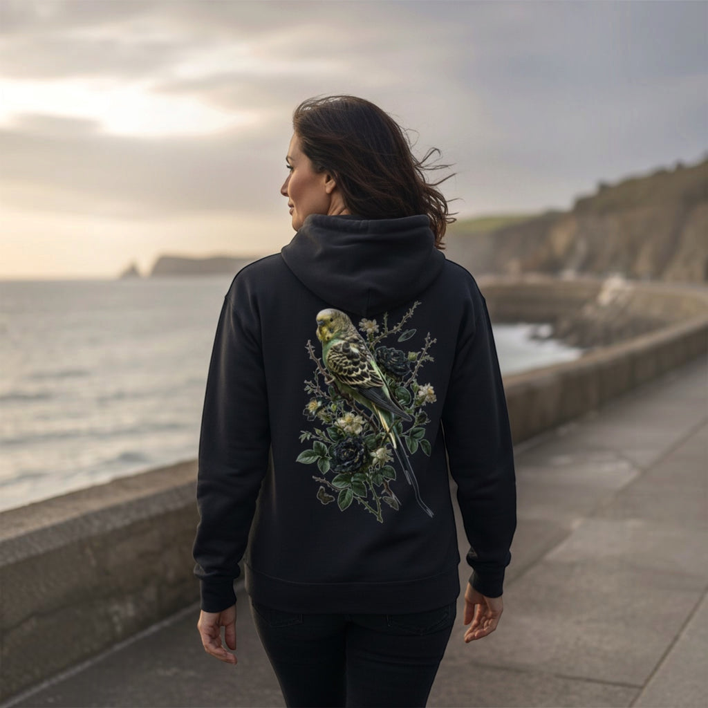 Dark Botanical Budgie Hoodie – Premium Back Print