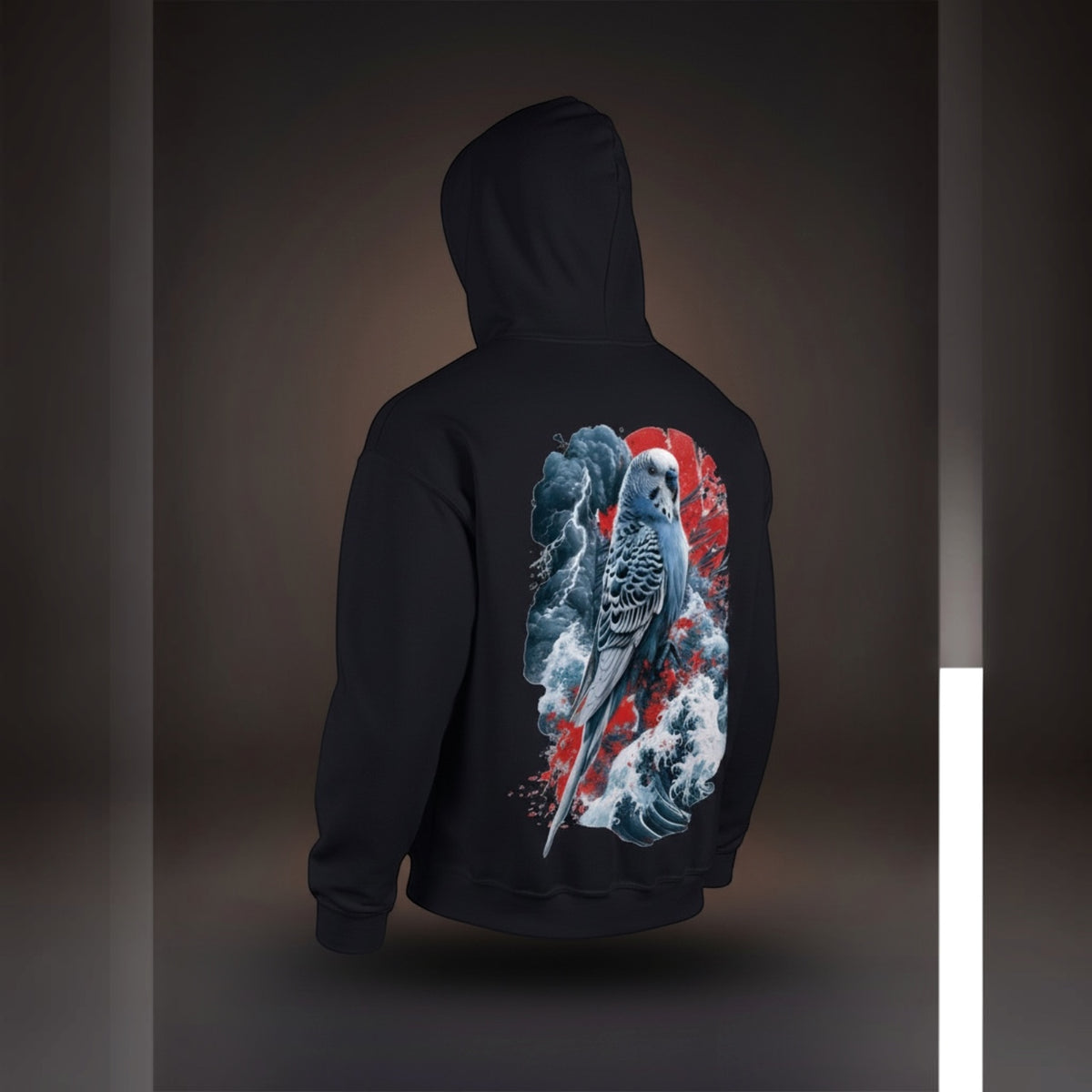 Storm Wave Budgie Hoodie – Japanese-Inspired Back Print