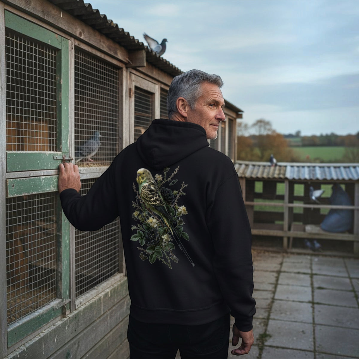 Dark Botanical Budgie Hoodie – Premium Back Print