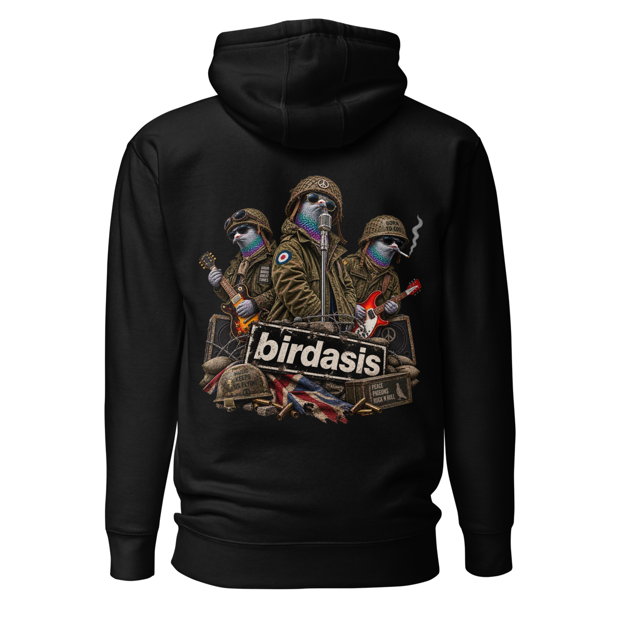 Birdasis War Birds Pigeon Hoodie – Black back view | Bird Folk