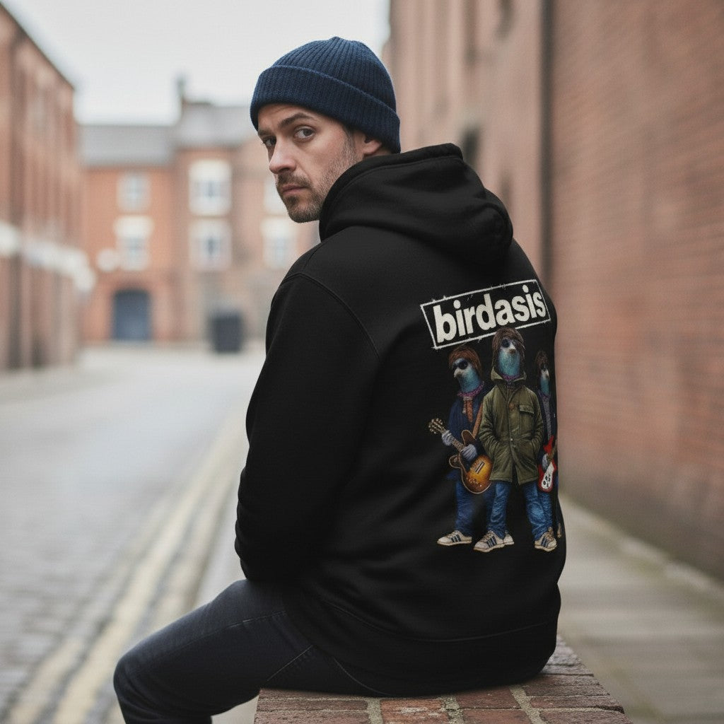 Pigeon Rock Revival Hoodie – Black back view | Bird Folk