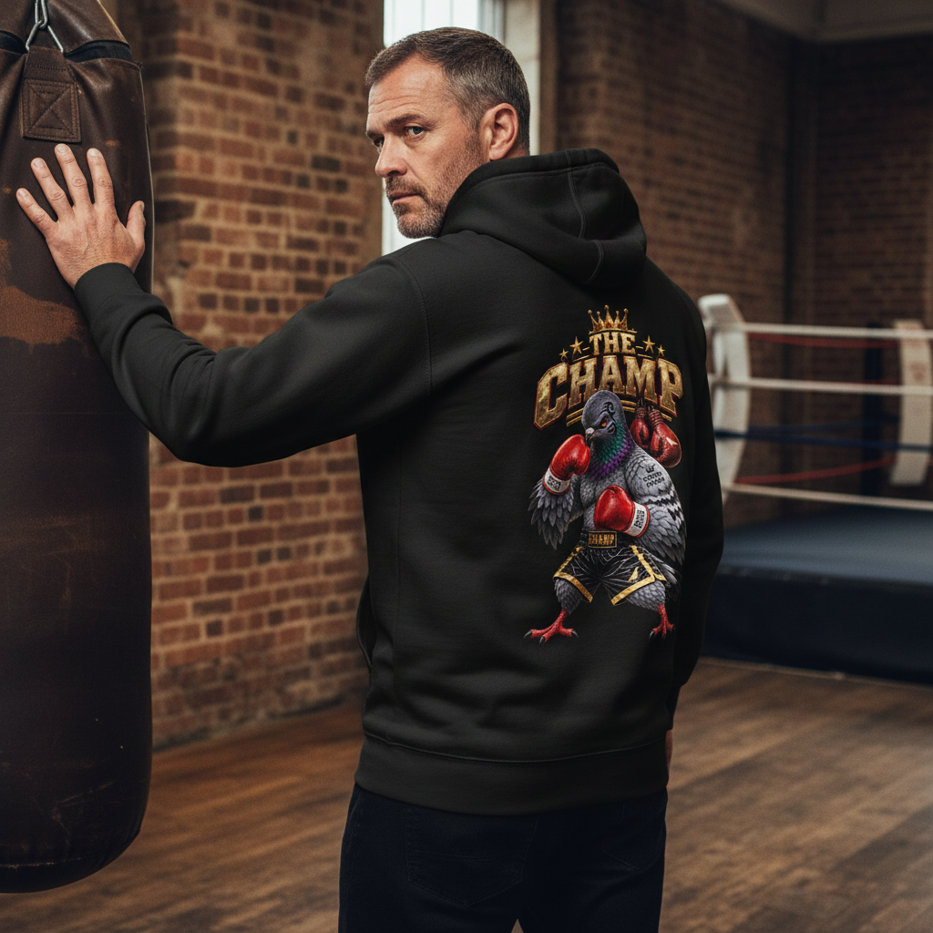 Knockout Champ Pigeon Hoodie – Black back view | Bird Folk
