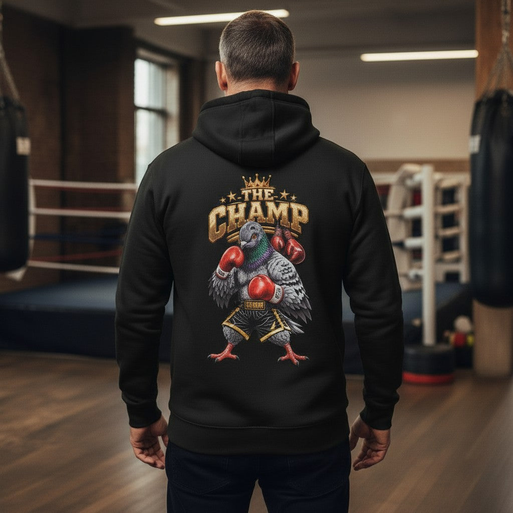 Knockout Champ Pigeon Hoodie – Black back view | Bird Folk