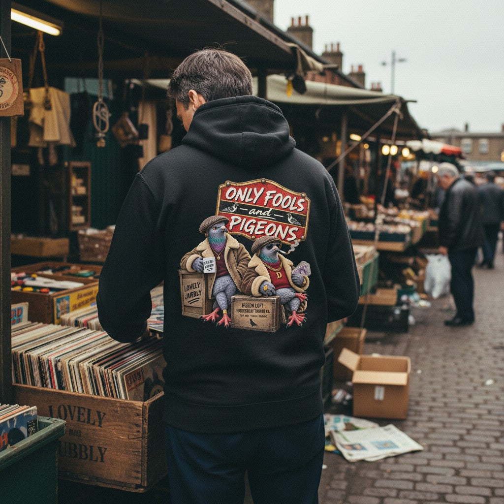 Only Fools and Pigeons Hoodie – Black back view | Bird Folk