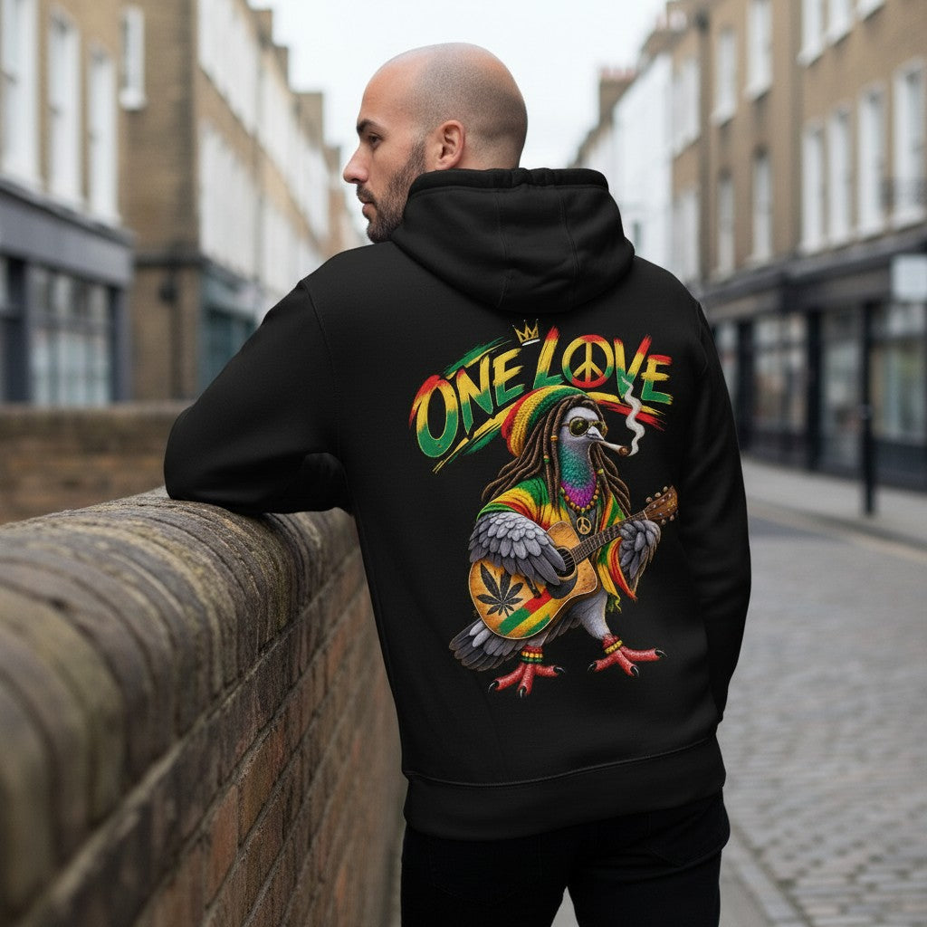Reggae Guitar Pigeon Hoodie – Black back view | Bird Folk