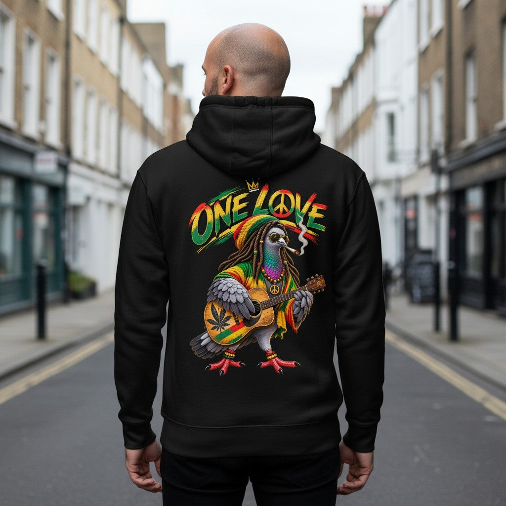Reggae Guitar Pigeon Hoodie – Black back view | Bird Folk