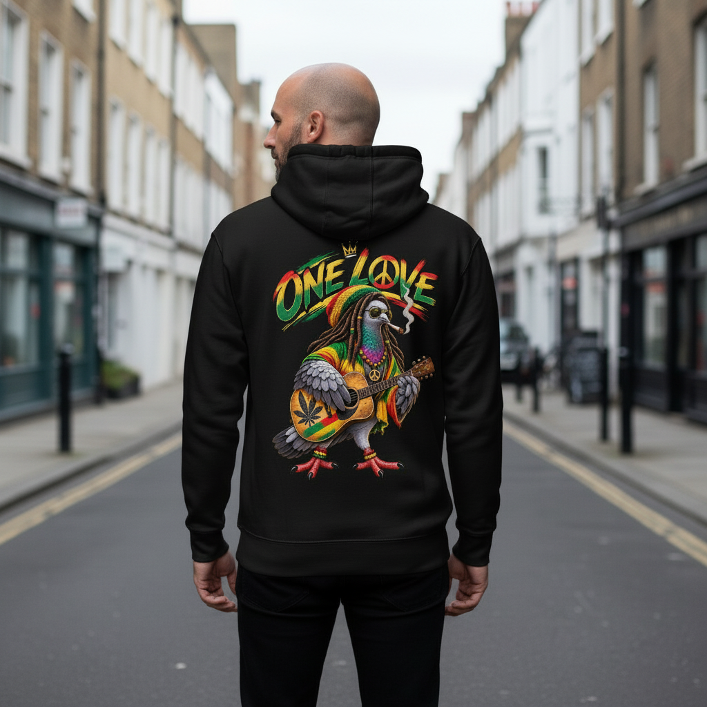 Reggae Guitar Pigeon Hoodie – Black back view | Bird Folk