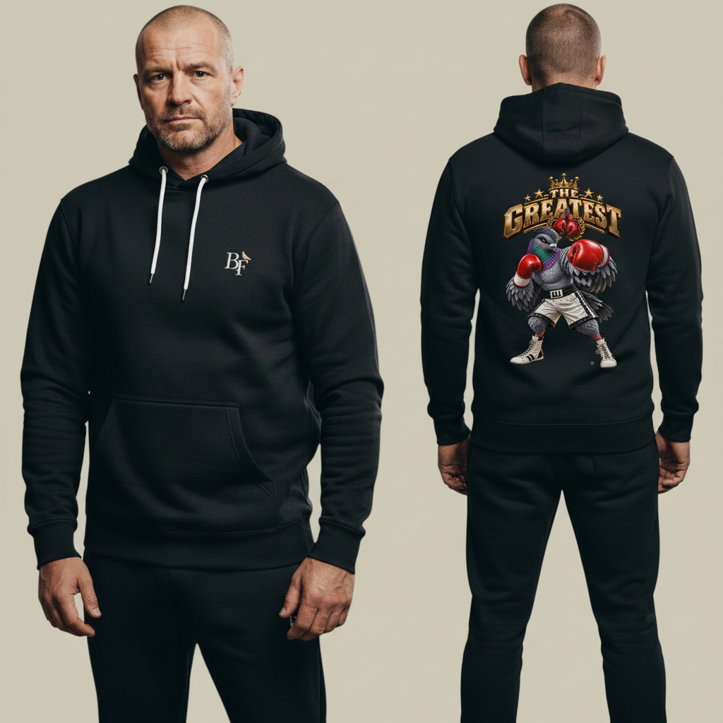 Champion Spirit Pigeon Hoodie – Black back view | Bird Folk