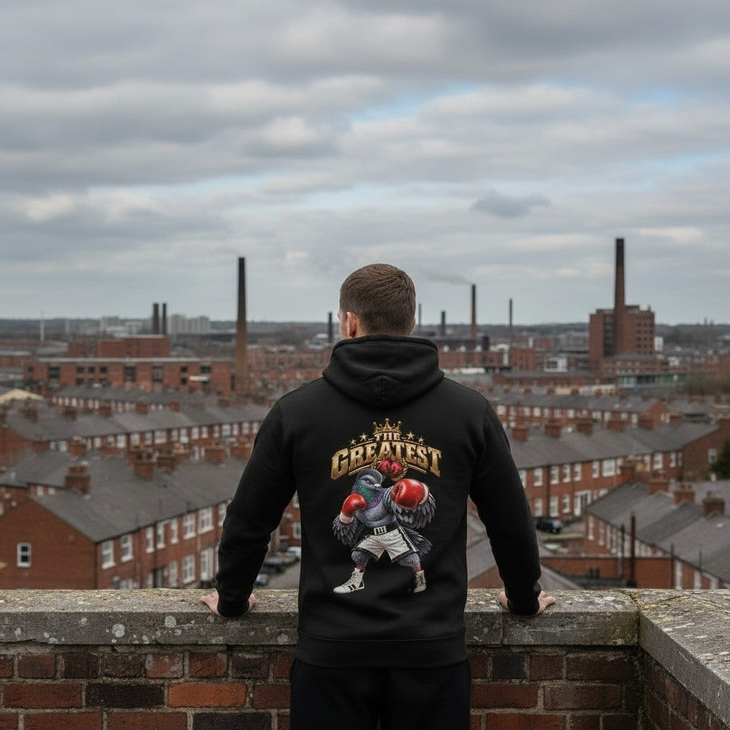 Champion Spirit Pigeon Hoodie – Black back view | Bird Folk