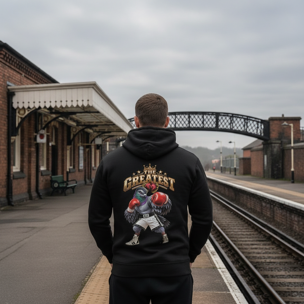 Champion Spirit Pigeon Hoodie – Black back view | Bird Folk