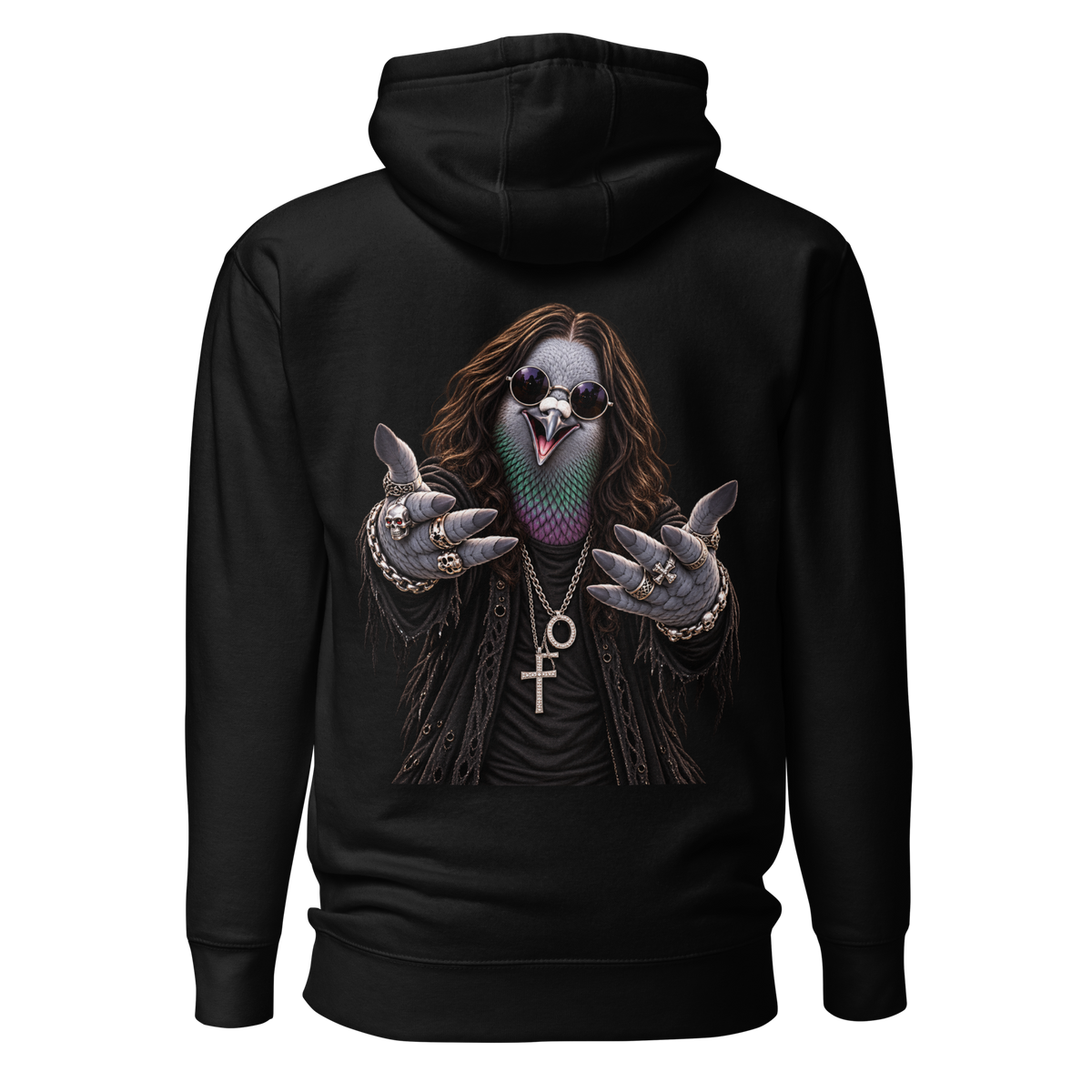 Midnight Rock Pigeon Hoodie – Black back view | Bird Folk