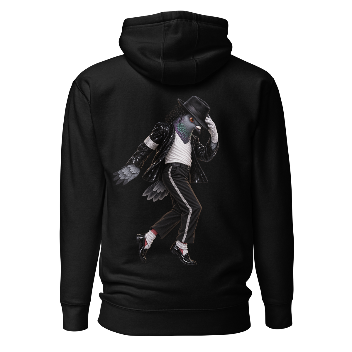 Moonwalk Pigeon Hoodie – Black back view | Bird Folk