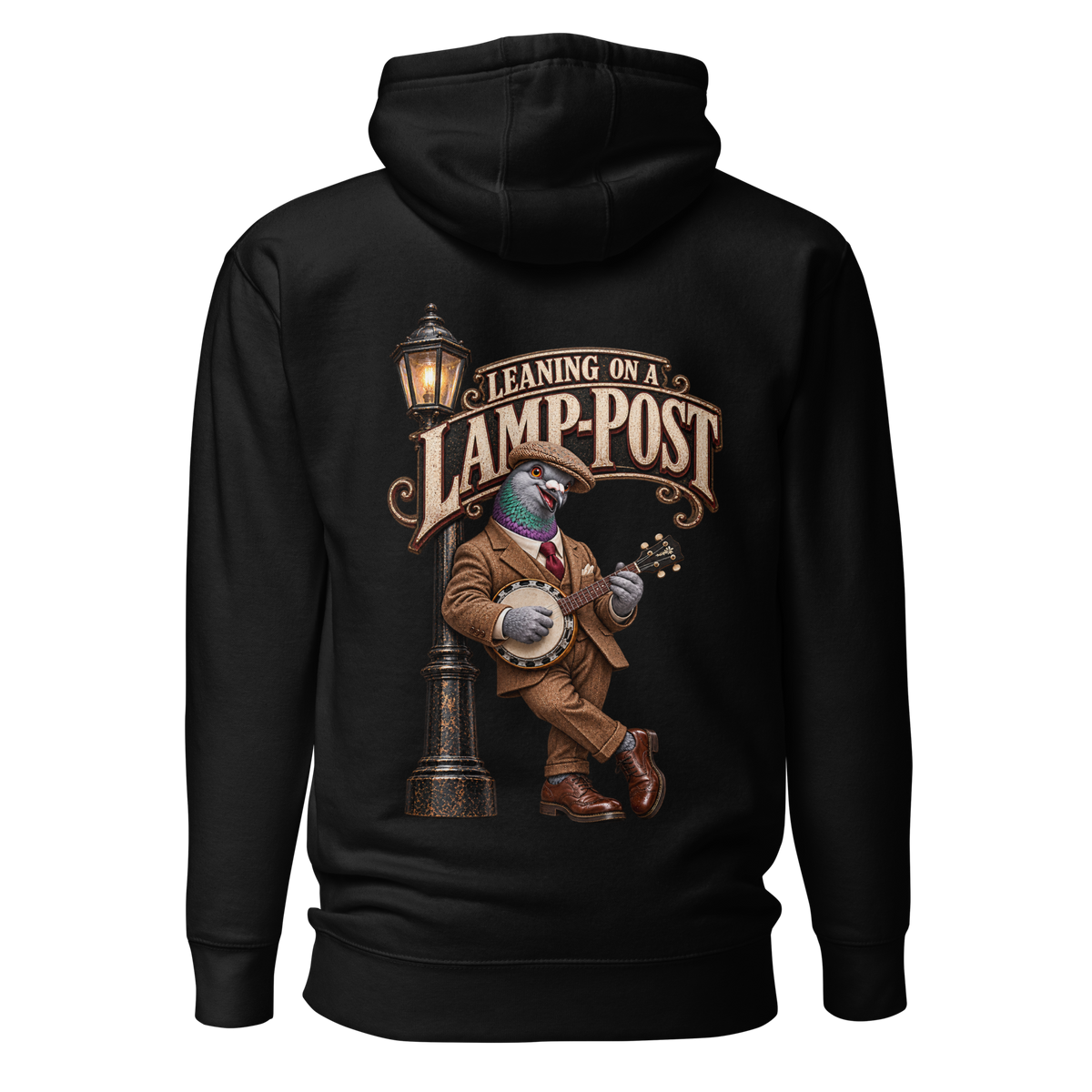 Lamp-post Serenade Pigeon Hoodie – Black back view | Bird Folk