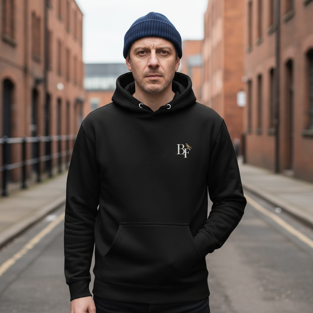 Pigeon Rock Revival Hoodie – Black front view | Bird Folk