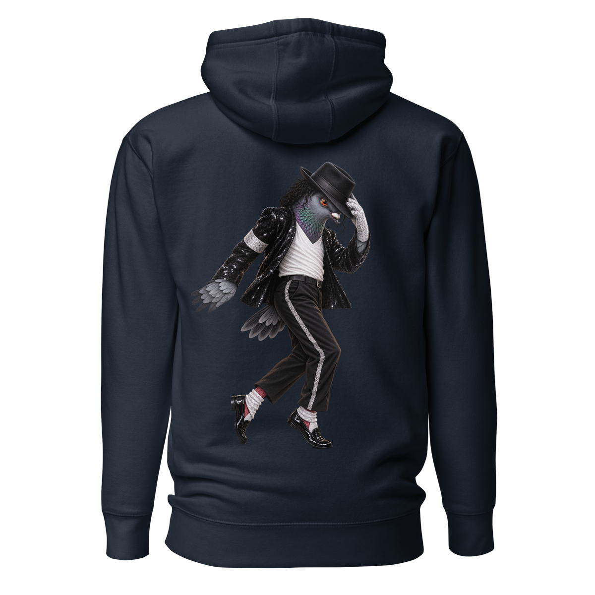 Moonwalk Pigeon Hoodie – Navy back view | Bird Folk