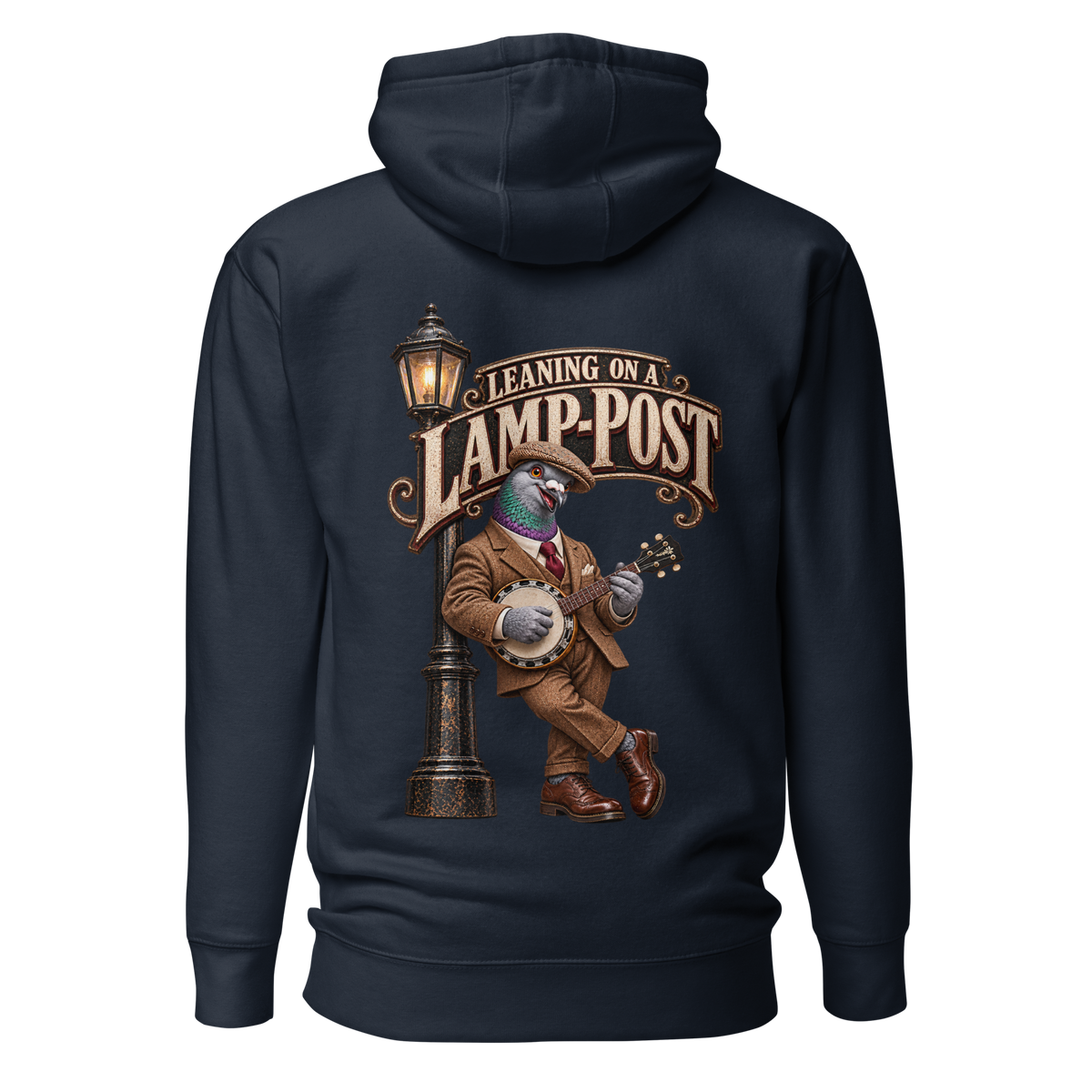 Lamp-post Serenade Pigeon Hoodie – Navy back view | Bird Folk